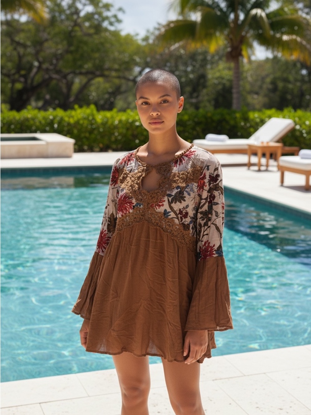 Brown Floral Lace-Trim Baby Doll Dress